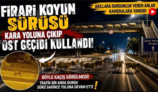Firari koyun sürüsü kara yoluna çıkıp, üst geçidi kullandı
