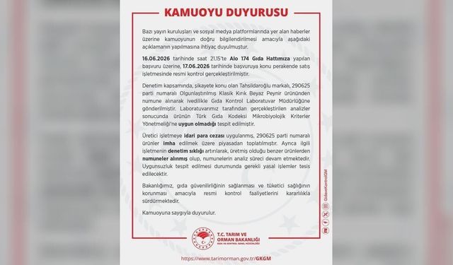 Tahsildaroğlu peynirinde listeria tespit edildi: 290625 parti numaralı ürünler toplatıldı