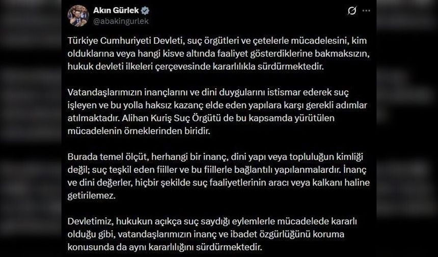 Bakan Gürlek'ten Alihan Kuriş soruşturması açıklaması: "Dini değerler suça kalkan olamaz"
