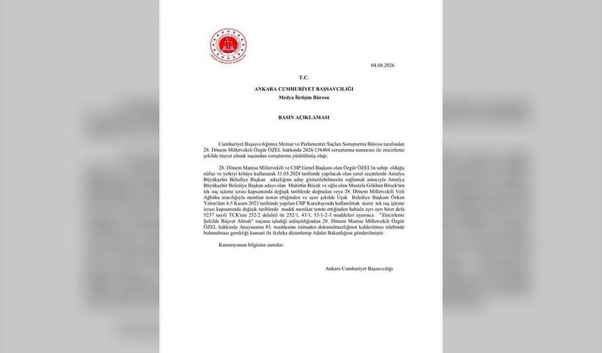 Özgür Özel’e ‘rüşvet’ten fezleke: Dokunulmazlık dosyası Adalet Bakanlığı’na gönderildi