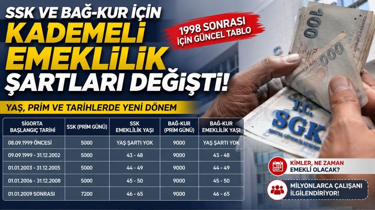 SSK ve Bağ Kur İçin Kademeli Emeklilik Şartları Değişti: 1998 Sonrası İçin Güncel Tablo